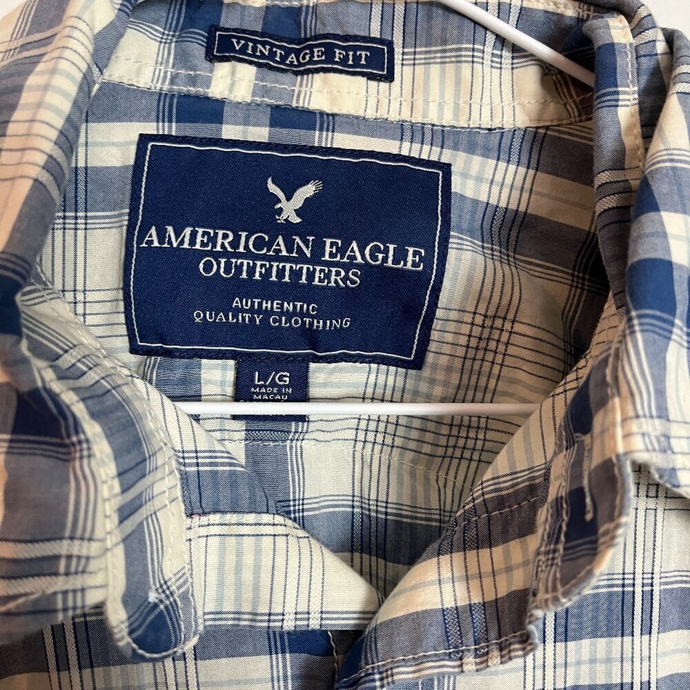 Men's AEO Blue/white plaid Western snap front Shirt, Size L